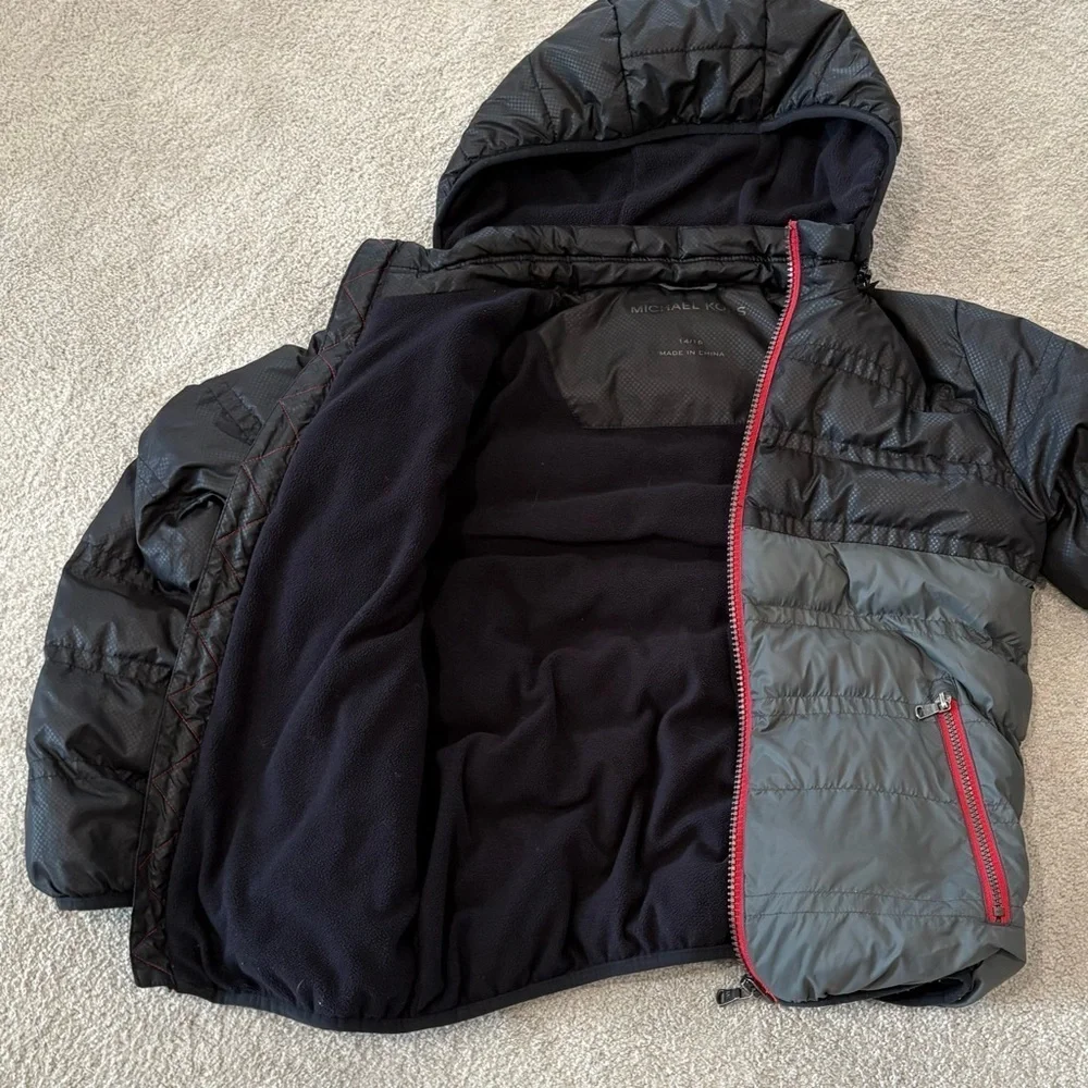 Michael Kors Puffer Zip Up Hood Gray Black Winter Jacket Coat Boys 14/16 Pocket